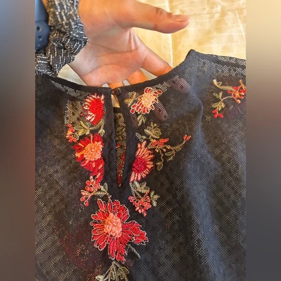 Anthropologie Maeve Black Sheer Blouse with Red Floral Embroidery - Picture 7 of 10